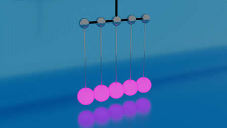 Newton Cradle or a desk toy pendulum, slow motion. Design. Close up of abstract balancing Newton...