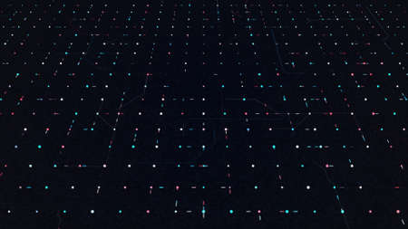 Virtual circuit of connections in motherboard. Animation. Luminous dots move schematically in computer space. Field of computer connections in motherboard circuitの写真素材