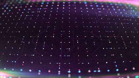 Moving energy points in computer board. Animation. Computer field with glowing dots and moving lines. Diagram with moving lines on surface of motherboardの写真素材