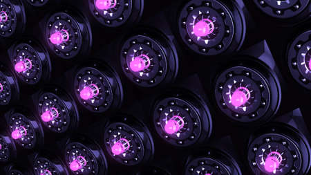 Background of rotating futuristic rings and glowing lamps. Motion. Futuristic background with rotating round details of light bulbs. Lot of glowing lamps on metal backgroundの写真素材