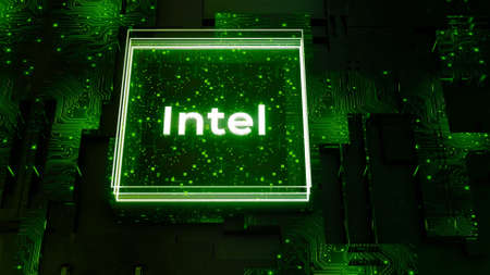 Neon square with inscription. Motion. Intel lettering in transparent square on sparkling neon...