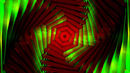 Flight in tunnel of spinning spiral shaped figures with changing colors, seamless loop. Motion....