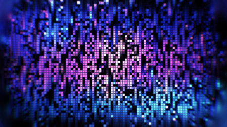Pixel rain on black background. Motion. Colored pixels move down in rain stream. Bright background...