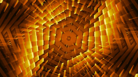 Illusion of twisting spiral of polygons. Motion. Hypnotic animation with swirling hexagons in center of spiral. Hexagons are twisted into spiral with glowの写真素材