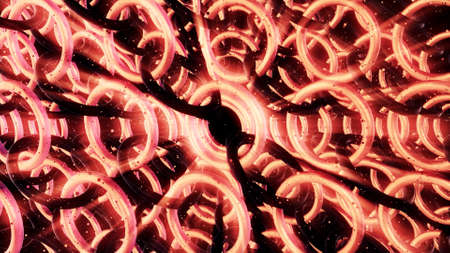 Rows of red spherical chained rings, seamless loop. Design. Top view of many bonded rings glowing and rotating.の写真素材