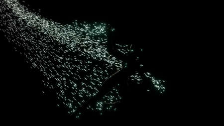 Abstract visualization of a nightmare with a man or woman falling down to nowhere, seamless loop. Design. Bad dream with a human silhouette falling with a tale of sparkles.の写真素材