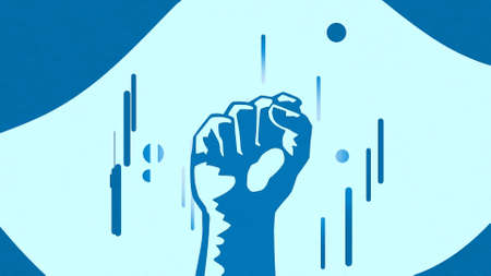 Fist raised up on background of flag. Animation. Motivating slogan in form of fist rising up on...