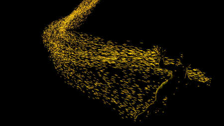 Man with glowing particles. Design. Person falls in dark leaving trail of stream of glowing...