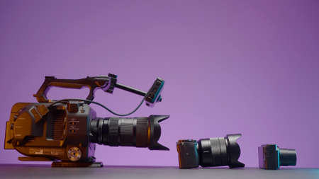RUSSIA, MOSCOW - MAY 5, 2021: Comparison of professional cameras. Action. Comparison of cameras by quality for professional video shooting. New camera models from Sonyのeditorial素材