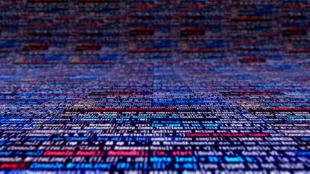 Infinite code in matrix. Animation. Endless text of multicolored program codes on black background....