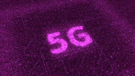 5G sign. Animation. Glowing particles descend and become 5G sign. Bright 5G color sign with pulsating light effectsの写真素材