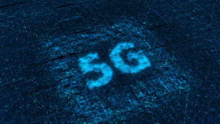 New 5G with fast internet. Animation. Column of particles falls creating 5G sign with luminous pulsations. 5G sign glows brightly and pulsates on electronic fieldの写真素材