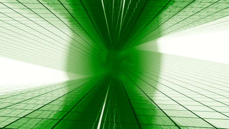 Animation of falling between buildings. Design. 3D glass walls with reflection during fall. Dive into virtual fall with fast speed between buildings. Dizzying virtual fall between walls into fogの写真素材