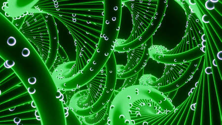 3D spirals rotating with dots. Design. Coral spirals with dots rotate on black background. Lot of dna spirals with viral dots rotate in spaceの写真素材