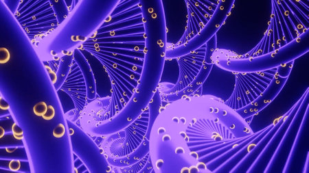 Abstract lilac spinning spiral shaped figures with random round pustules, seamless loop. Design....