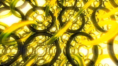 Animation with many rotating rings in chains. Motion. Multitude of 3d rings rotate in chains...
