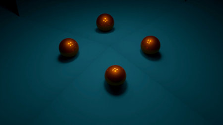 Balls are falling and rolling on dark background. Design. Balls fall symmetrically on inclined surface. Balls roll symmetrically on inclined surface into darknessの写真素材