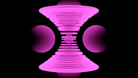 Balls in spiral of rings. Design. 3D spiral of hourglass rings on black background. Rings move...