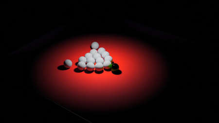 3D billiard animation. Design. Selective light over triangle of balls on billiard table. Breaking...