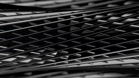 Abstract swirling metal tube covered by crossed lines and holes. Motion. Metallic grid of narrow stripes forming rotating tube shaped figure, monochrome.の写真素材