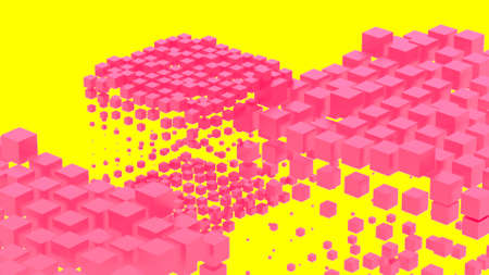 Cubes move up and down. Design. Lot of cubes of different sizes are moving in air. Looped movement...