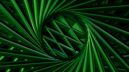 3D pattern in rotating spiral. Motion. 3D metal pattern with diamonds in circle of lines. Lines rotate creating pattern with geometric patternsの写真素材