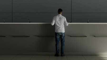 Minimalistic interior of a hotel lobby with the reception desk. HDR. Rear view of a businessman in...
