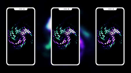 Abstract smartphones with colorful rotating spiral. Motion. Presentation of new high quality smartphones, concept of modern technologies and design.の写真素材