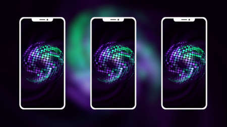 3D abstract background of twisted phone silhouettes on the background of colorful spheres. Motion. Presentation of new smartphone.の写真素材