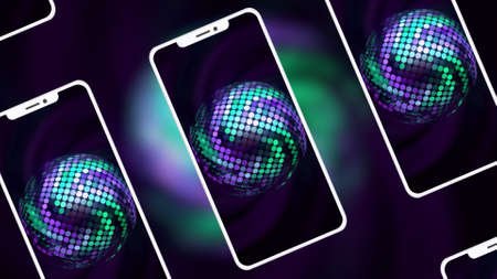 3D abstract background of twisted phone silhouettes on the background of colorful spheres. Motion....