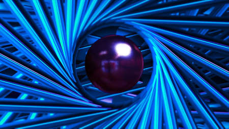 Ball in rotating 3d spiral of metal lines. Motion. 3D animation with shiny ball in center of...