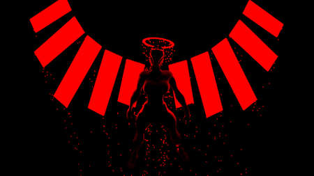 Abstract visualization of a video fight game with a player ready for the combat. Design. Silhouette...