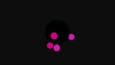 Motion of atom spheres isolated on a black background, concept of chemistry and biology. Design. Small balls rotating around bigger black sphere, seamless loop.の写真素材