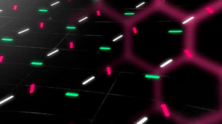 Abstract grid of hexagons and moving genes on black background. Motion. Concept of biology and...