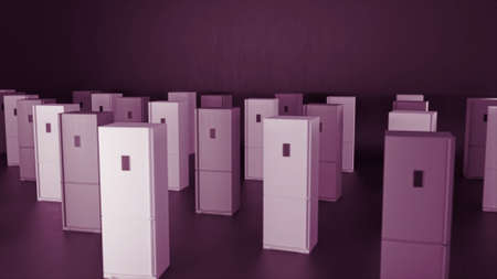 Abstract 3d models of a modern refrigerator with electronic panel rotating on dark purple black background. Animation. 3D layout of kitchen equipment, rows of fridges.の写真素材