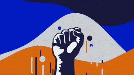 Concept of sport, victory, and reaching goals. Animation. Cartoon fist appearing on wavy background with rising lines and circles.の写真素材