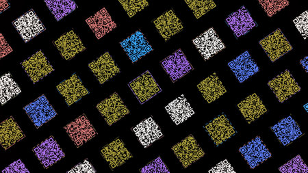 Colorful rows of small QR codes flowing one by one isolated on black background. Animation. Concept...