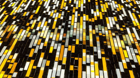 Flowing straight rectangular stripes. Animation. Abstract yellow, black, and white segments flowing from the screen center into the different directions on black background, seamless loop.の写真素材