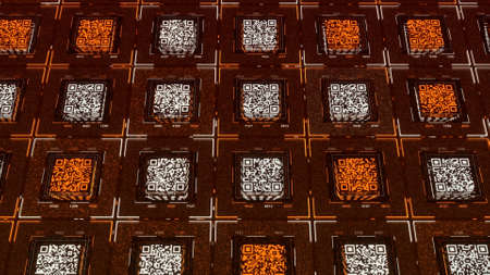 Rows of square shaped QR codes with moving electrical impulses on orange background. Animation....