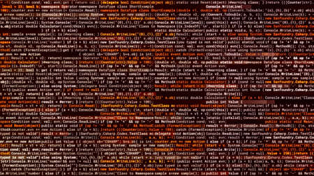 Computer digital screen with an abstract program code, seamless loop. Animation. Horizontal written and moved narrow lines of code in the virtual space.の写真素材