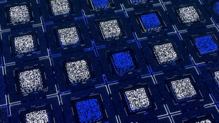 Abstract small qr code squares on colorful background, seamless loop. Animation. Concept of digital information transfer in online world.の写真素材