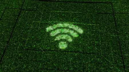 Flying flickering particles and impulses and a wifi sign or internet symbol on a dark background....