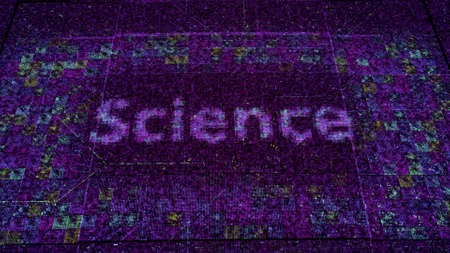 Advanced high tech concept with the visualization of computer circuit board. Animation. A word science on pixelated colorful background becoming a cloud of particles and rising up.の写真素材