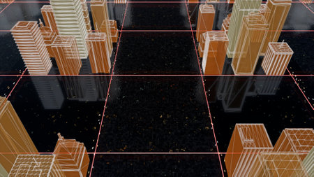 Concept of modern architecture and urban planning, 3d background. Animation. Orange layout of the...