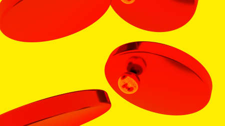 Contrasting red and yellow hypnotic optical illusion. Design. Small ball jumping from one disk to...