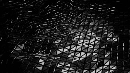 Background of triangles shining and moving in waves. Design. Futuristic surface of triangles moving waves. Cycle of waves on surface of triangular mosaicの写真素材