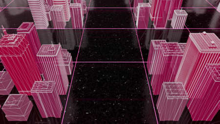 Pink Isometric city landscape on black cosmic background with flying white particles. Animation....