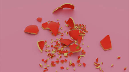Breaking 3d ball on isolated background. Design. Beautiful glass ball falls and breaks. Glass colored ball breaks into many small fragmentsの写真素材