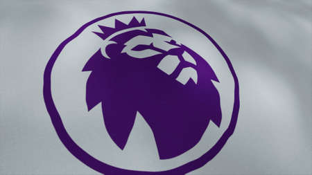 Waving abstract flag with the logo of the new English Premier League. Motion. A lion with a crown...