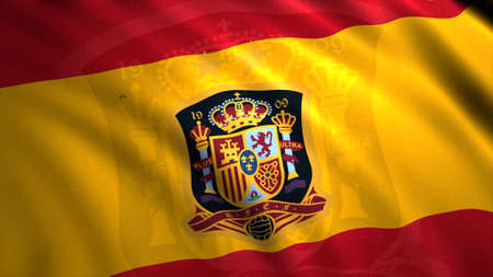 Spain national flag fluttering in the wind, seamless loop. Motion. Abstract waving red and yellow flag with the coat of arms.の写真素材